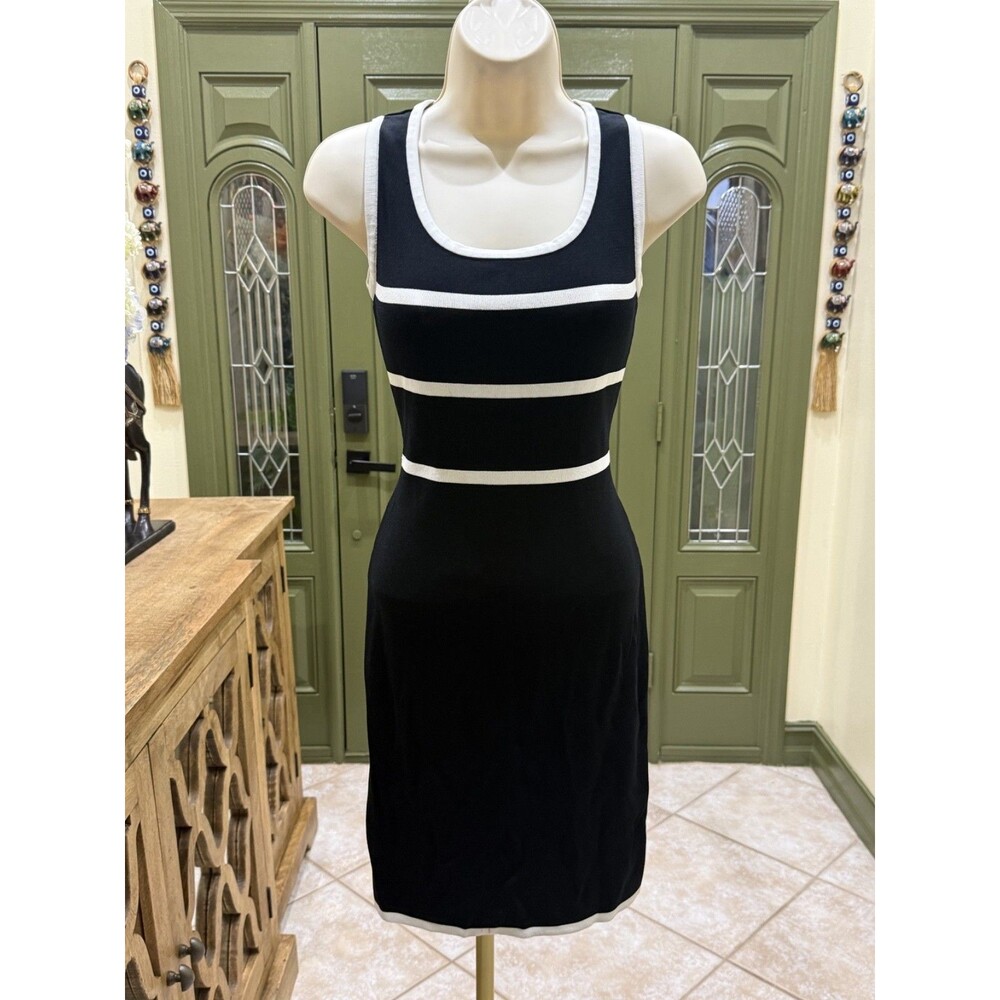 Carmen Black Knit Midi Sheath Dress with White Contrast Trim – Size Small